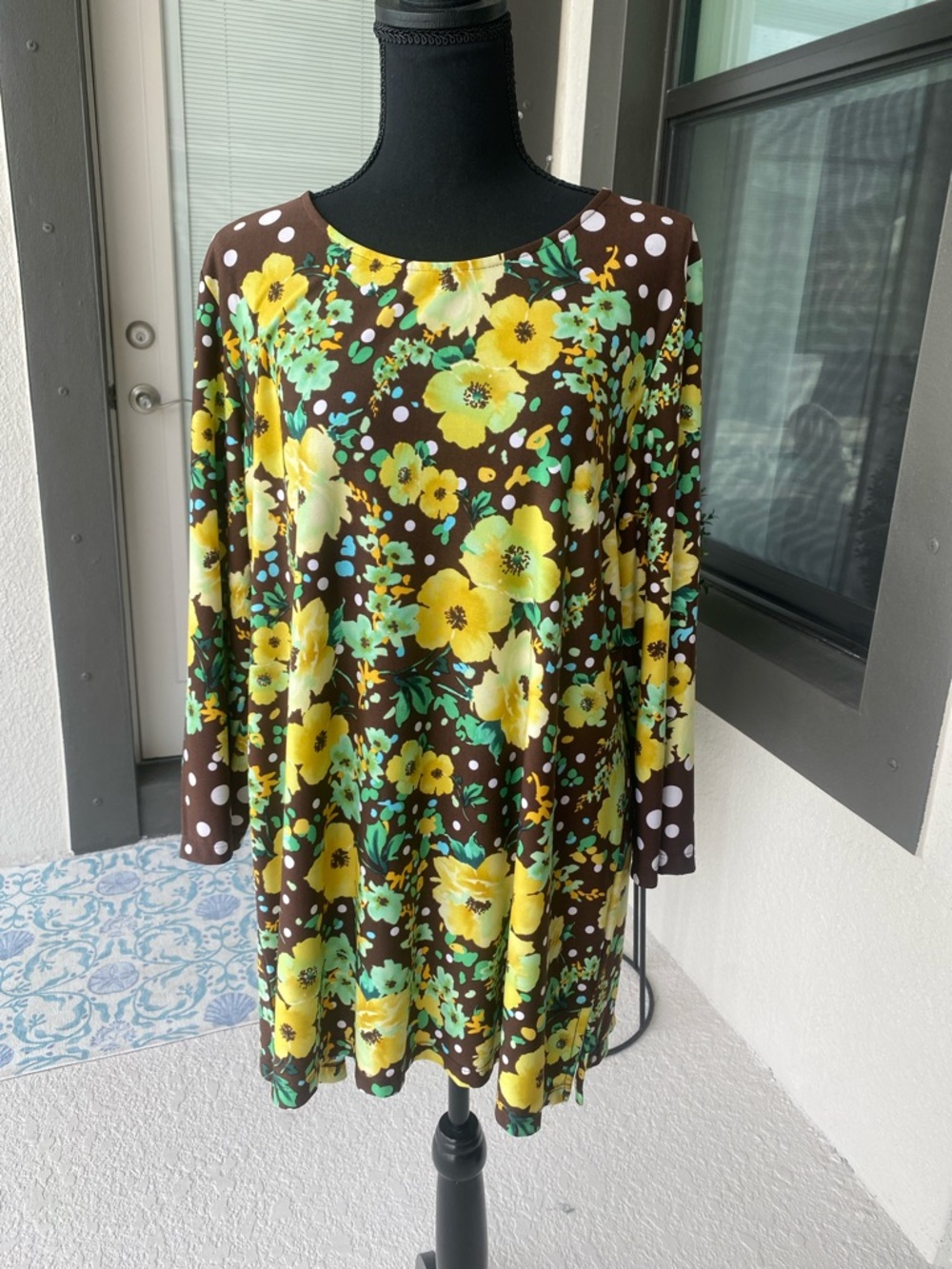 Susan Graver Brown Tunic with Yellow Floral Print liquid knit